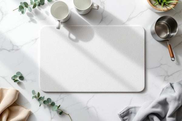 Eco friendly dish drying mat in diatomite stone with ceramic mugs on marble kitchen counter