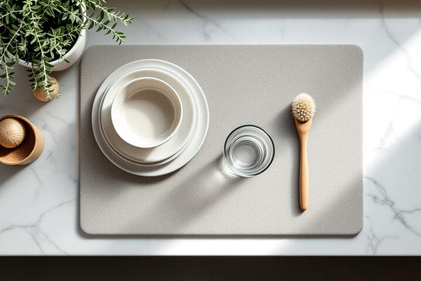 Eco friendly dish drying mat on marble countertop with ceramic bowl and glass, minimal kitchen styling