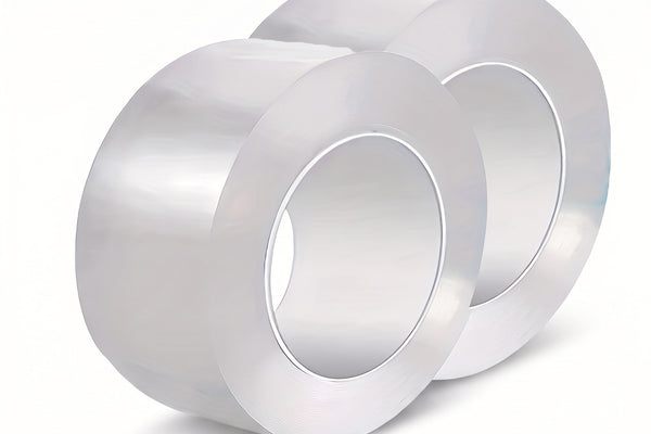 Two clear rolls of caulk tape on a white background