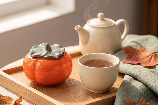 Ceramic tea caddy on a wooden tea tray beside a teapot and a cup of tea