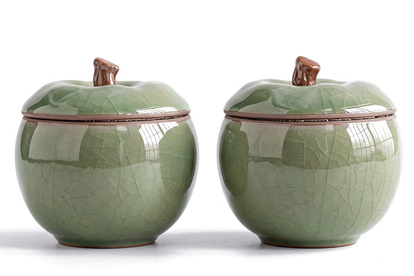 What is a trinket box, two light green ceramic apple trinket jars