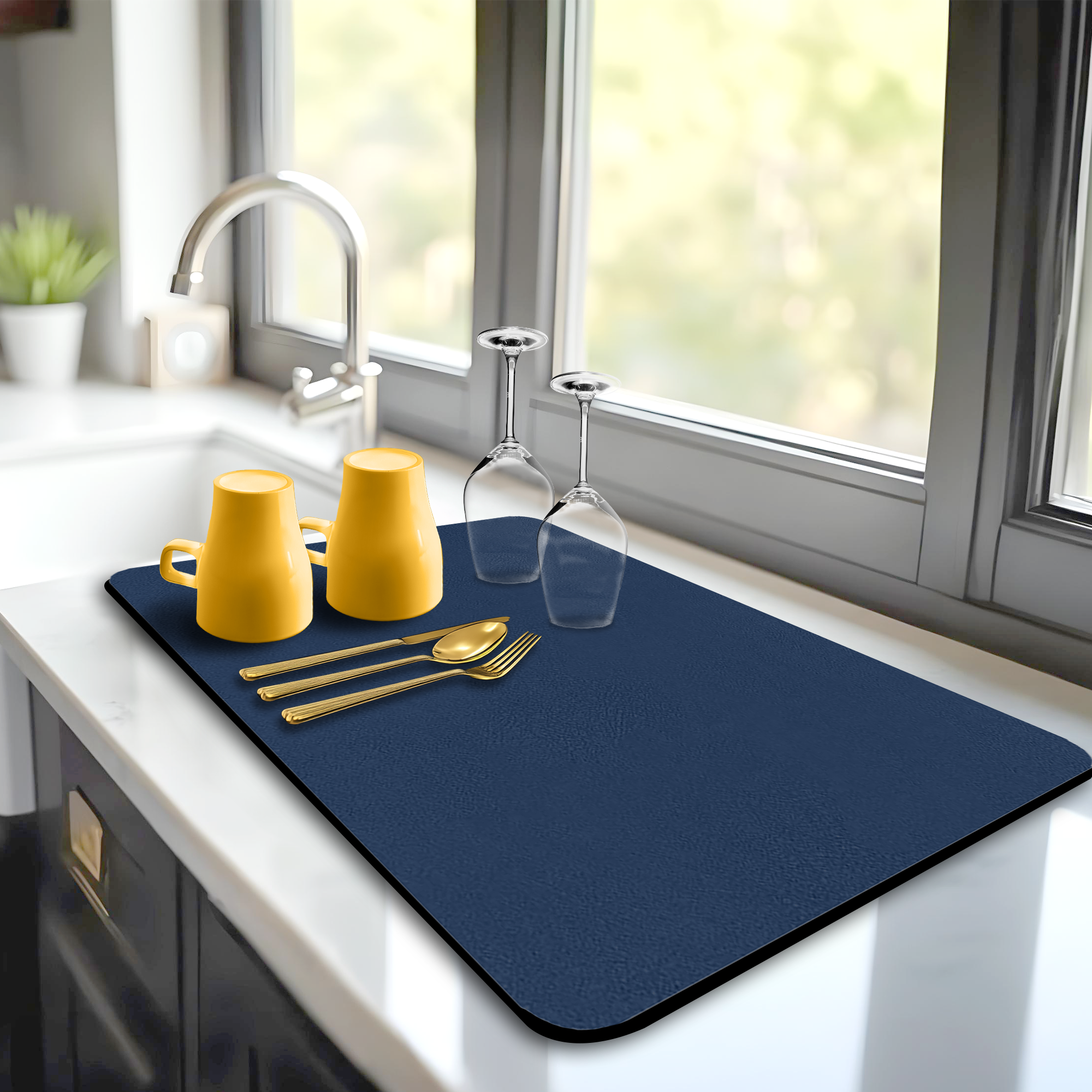 Navy Dish Drying Mat – Super Absorbent, Quick Dry Kitchen Counter Mat – Non-Slip & Easy to Clean | Strabella - Strabella-Home