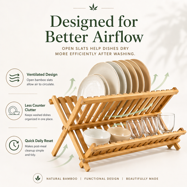 Bamboo dish drying rack — natural finish, on countertop