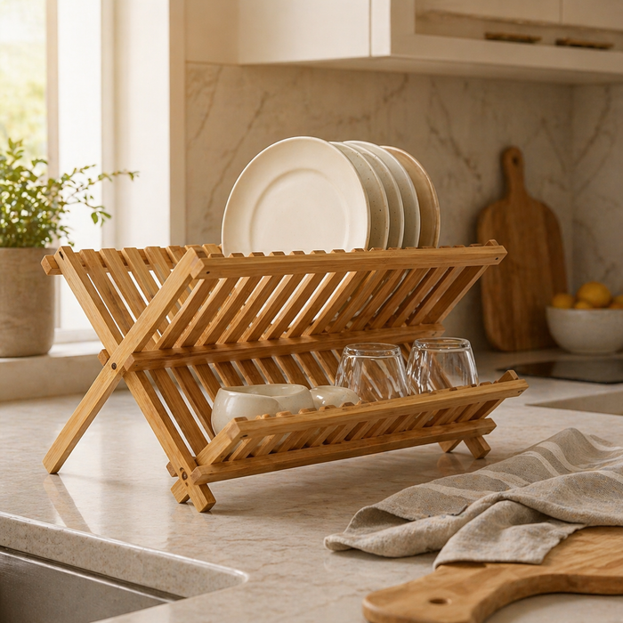 Bamboo Dish Drying Rack — 2-Tier Collapsible