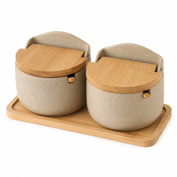 Ceramic salt cellar with wood lid — hero shot, stoneware cottage style