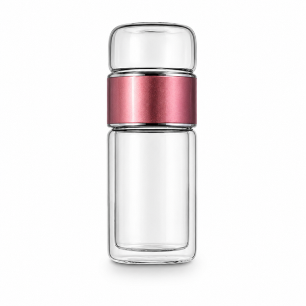 Double-Wall Glass Tea Tumbler — Travel Infuser with Tea Separation, Rose
