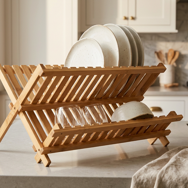 Bamboo Dish Drying Rack — 2-Tier Collapsible Wooden Drainer