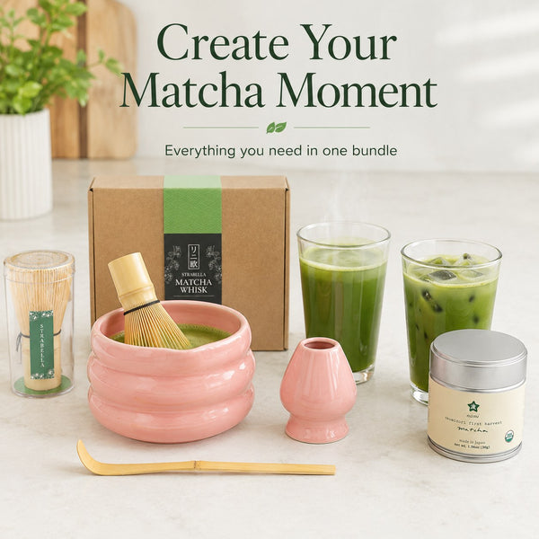 Create your matcha moment — the bundle with a hot matcha and an iced matcha latte poured in glasses