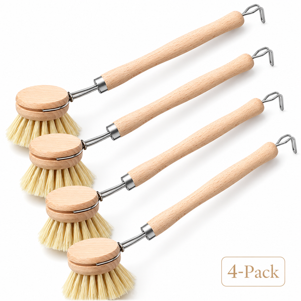 Set of 4 kitchen scrub brushes with beechwood handles and natural fiber bristles