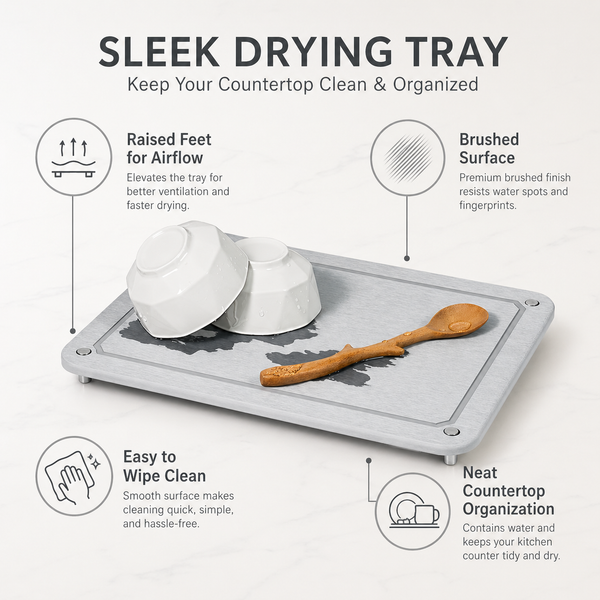 Stone Drying Mat features — absorbent diatomaceous, raised feet, non-slip