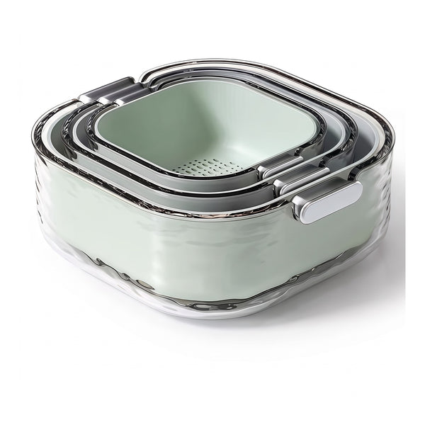 colander bowl set — 3 nesting sizes, mint green, perforated colander inserts with clear bowls
