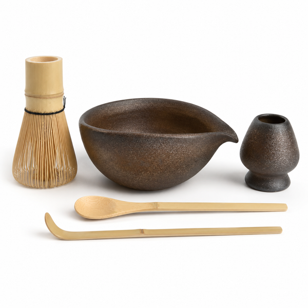 Gilt matcha ceremony set 5 pieces — ceramic bowl, bamboo whisk, holder, scoop and spoon on white background