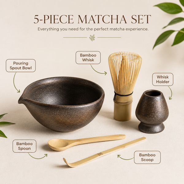What's included in the gilt matcha ceremony set — 5-piece with labeled components: bowl, whisk, holder, scoop, spoon