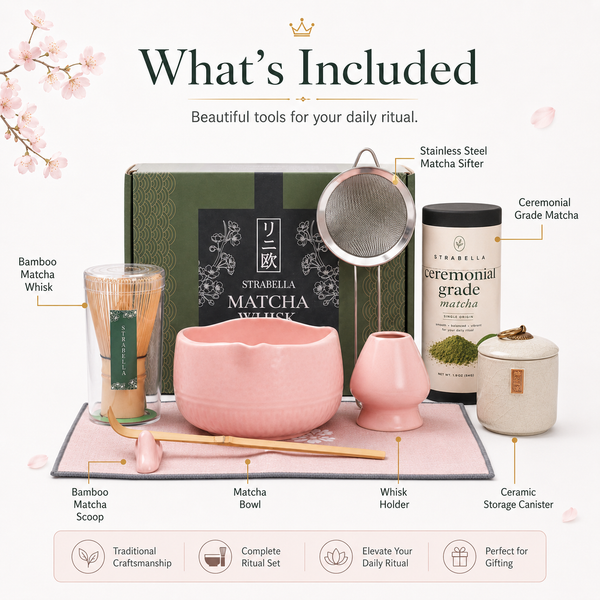 What's included in the pink Matcha Queen bundle: bamboo whisk, scoop, ceramic bowl, whisk holder, stainless sifter, ceremonial matcha and ceramic storage canister