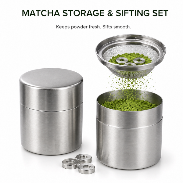 Matcha sifter and storage set — 304 stainless steel canister, fine mesh sifter, and 3 agitator beads