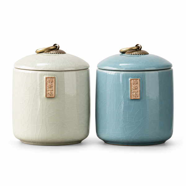Ru Kiln crackle ceramic tea caddy — Cream and Ru Kiln Blue, both colors on white background