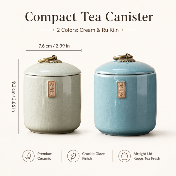 Ru Kiln tea caddy dimensions — 7.6 cm wide, 9.3 cm tall, crackle glaze, airtight fitted lid