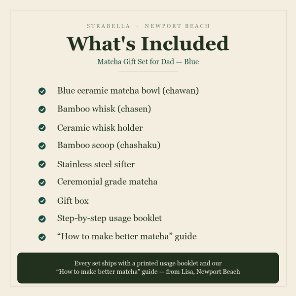 What's included — Blue Matcha Gift Set: blue bowl, whisk, holder, scoop, sifter, ceremonial matcha, usage booklet and how-to guide