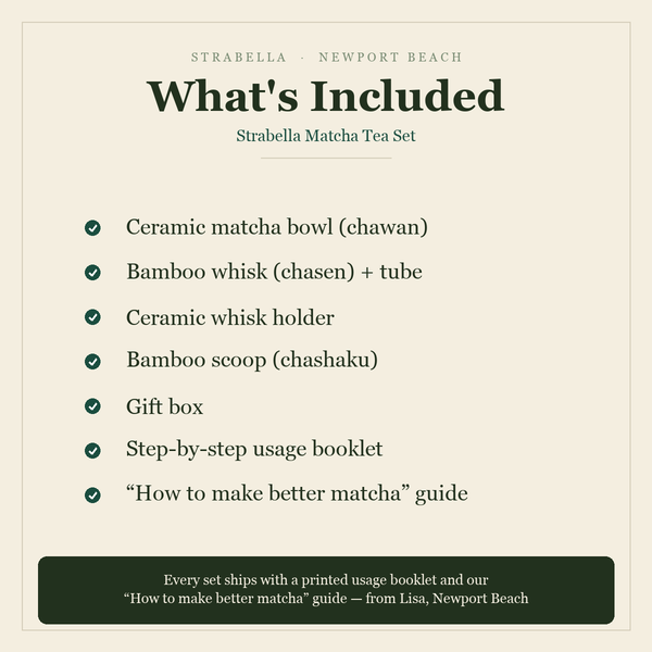 What's included — Strabella Matcha Tea Set: ceramic bowl, bamboo whisk, whisk holder, scoop, gift box, usage booklet and how-to-make-better-matcha guide