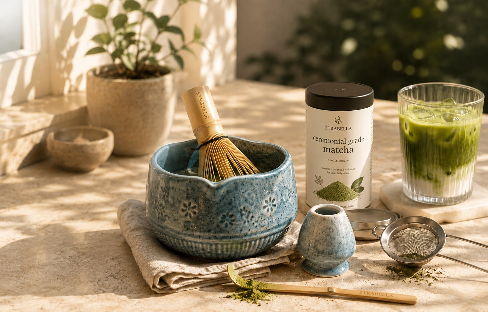 Matcha morning ritual — blue crackle-glaze ceramic bowl with bamboo whisk, Strabella matcha tin and an iced matcha glass on a travertine countertop in soft morning light