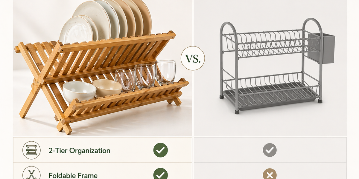 Bamboo dish rack styled on a kitchen counter