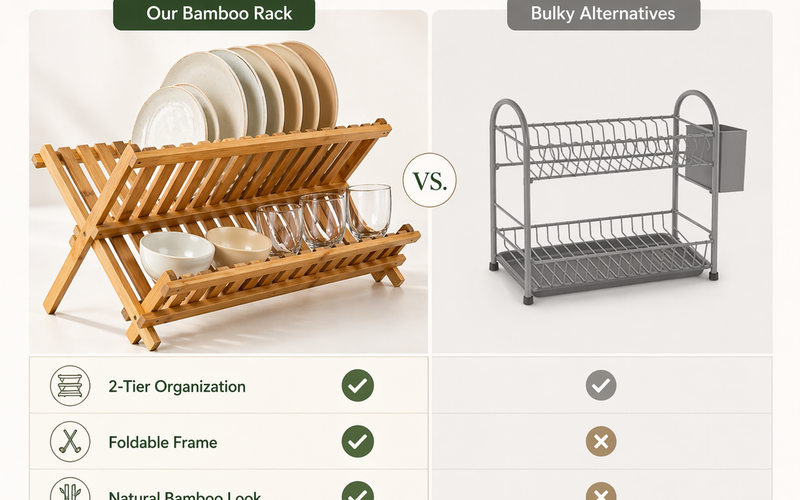 Bamboo dish rack styled on a kitchen counter