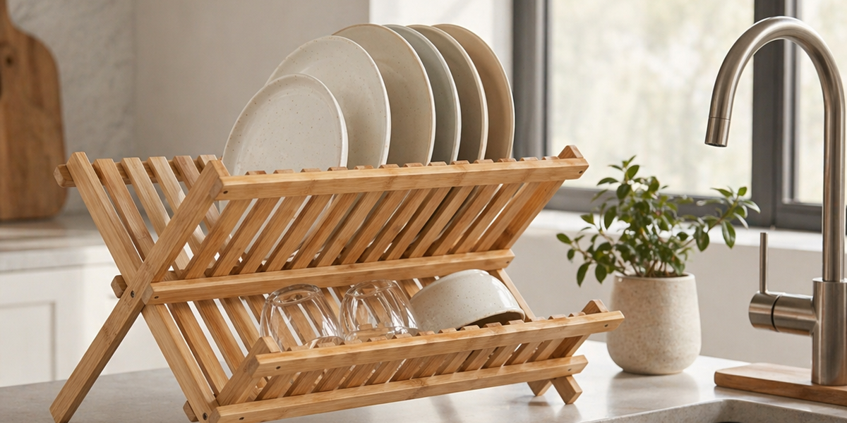 Bamboo dish rack folded for storage