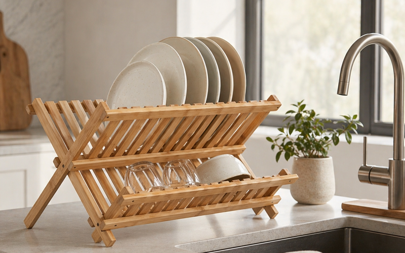 Bamboo dish rack folded for storage
