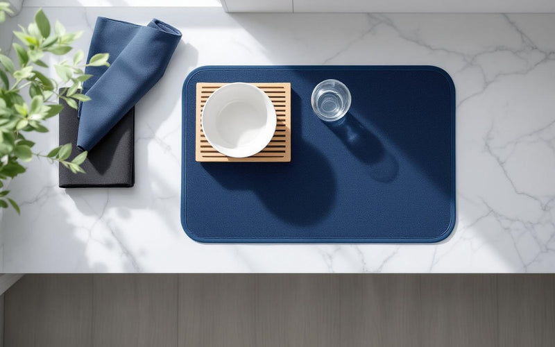 Best absorbent dish drying mat 2025 flat lay on marble kitchen counter with ceramics
