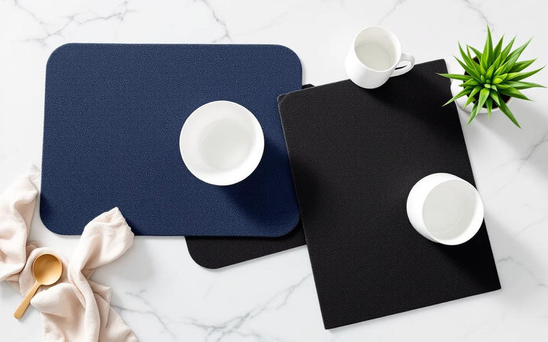 Best absorbent dish drying mats in navy blue and black on marble countertop