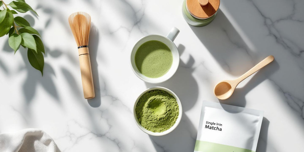 Best matcha starter kit for beginners flat lay with ceramic bowl, bamboo whisk, and matcha powder