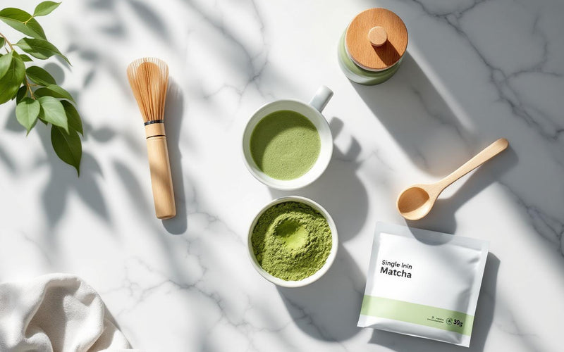 Best matcha starter kit for beginners flat lay with ceramic bowl, bamboo whisk, and matcha powder