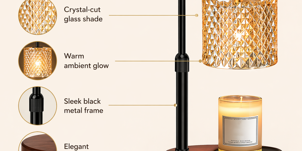 Modern candle warmer with crystal-cut glass shade