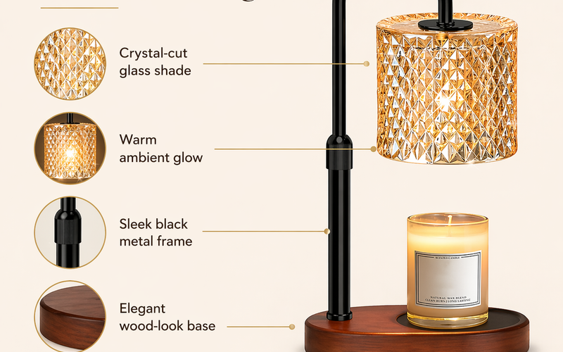 Modern candle warmer with crystal-cut glass shade