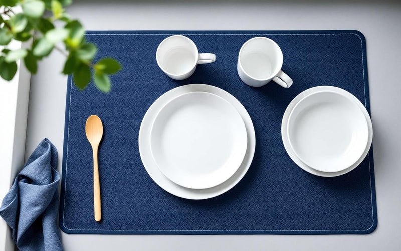 Navy blue dish drying mat for RV kitchen with ceramic mugs and plates on gray surface