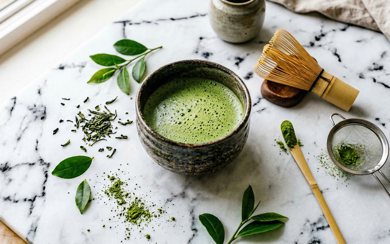 Overhead flatlay of matcha preparation - ceramic bowl with frothy green matcha, bamboo chasen whisk, chashaku scoop, and sifter on marble surface