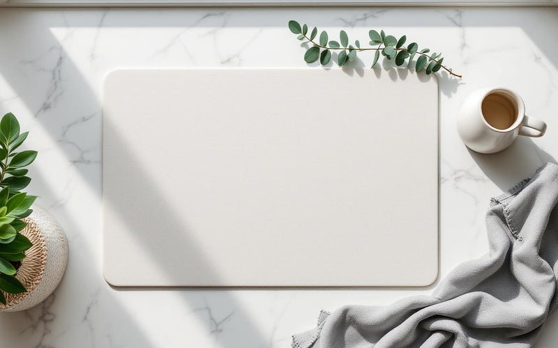 Eco friendly dish drying mat with ceramic dishes on a marble kitchen countertop