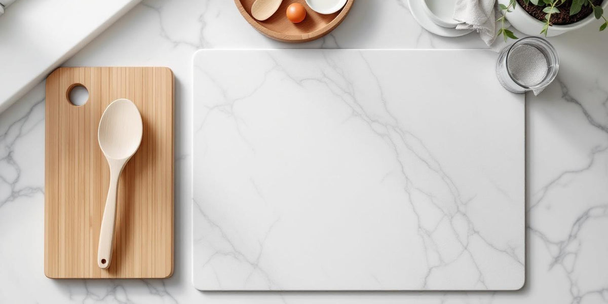 Eco friendly dish drying mat in diatomite stone on white marble kitchen counter with ceramic dishes