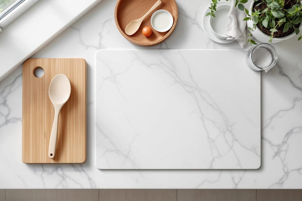 Eco friendly dish drying mat in diatomite stone on white marble kitchen counter with ceramic dishes