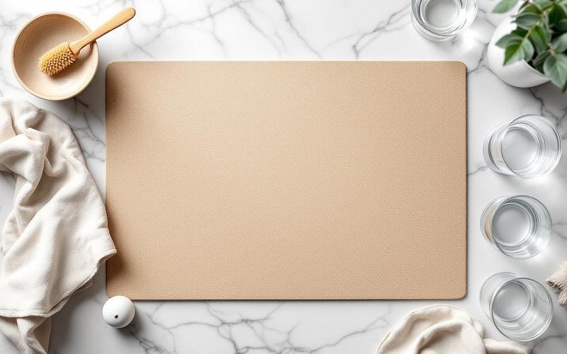 Eco friendly dish drying mat flat lay with ceramic bowl and wooden brush on marble surface