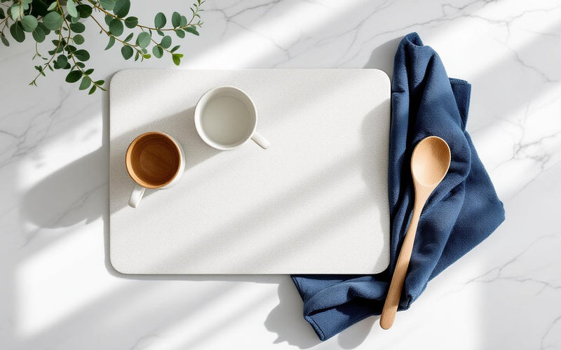 Eco friendly dish drying mat on marble countertop with ceramic mugs and minimal kitchen styling