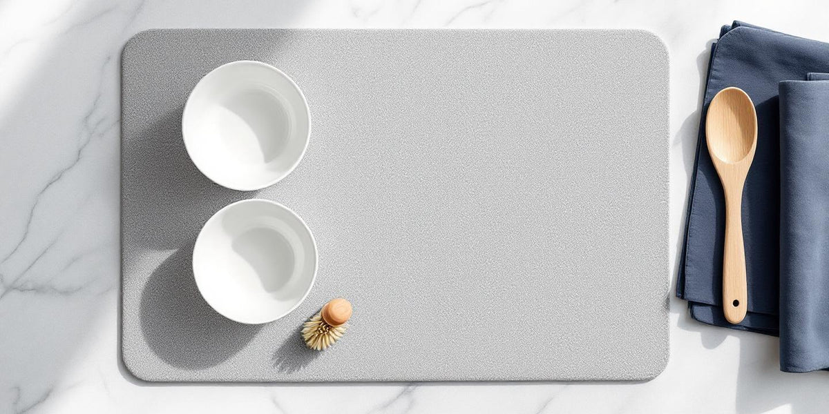 Eco friendly dish drying mat flat lay on marble surface with ceramic bowls and wood brush