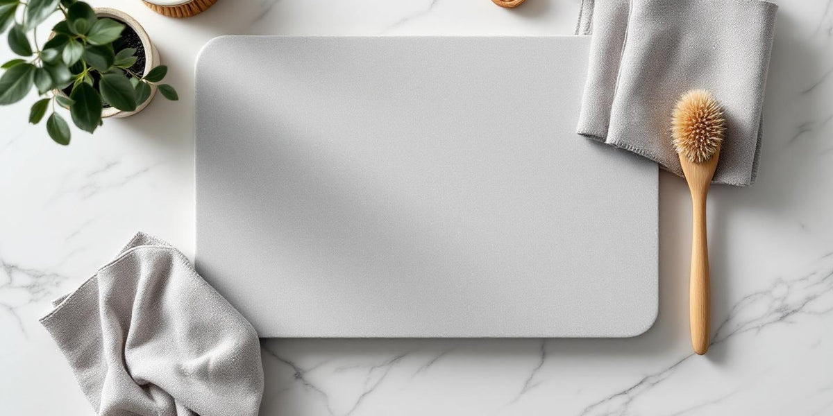 Eco friendly dish drying mat in diatomite stone on marble kitchen countertop