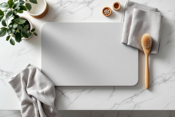 Eco friendly dish drying mat in diatomite stone on marble kitchen countertop