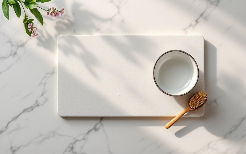 Eco friendly dish drying mat in diatomaceous stone with ceramic bowls on marble surface
