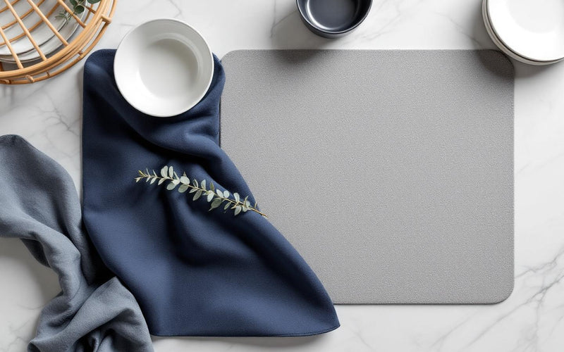 Eco friendly dish drying mat flat lay with stone mat and navy fabric mat on marble surface