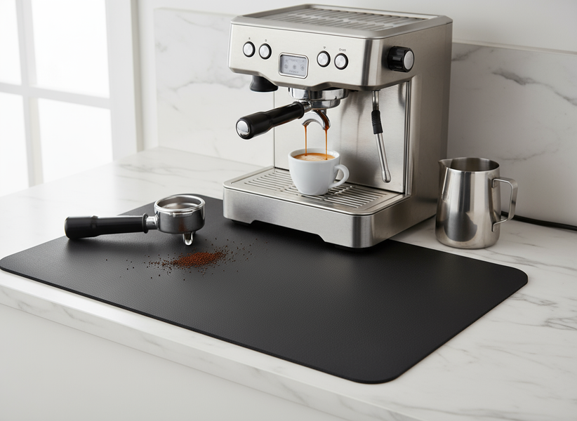 Coffee bar mat edge stitching closeup