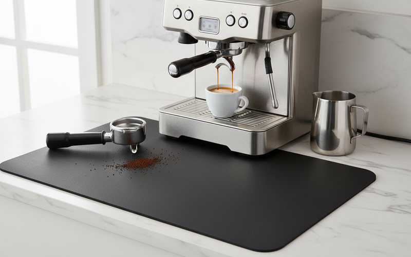 Coffee bar mat edge stitching closeup