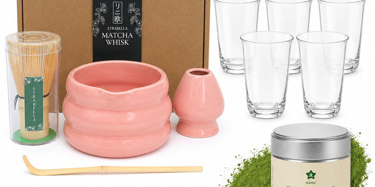 Bamboo matcha whisk (chasen), holder, and ceramic bowl