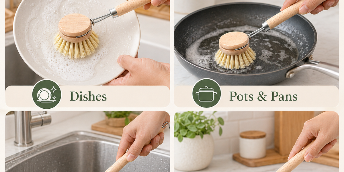 Beechwood scrub brush used on dishes and pots